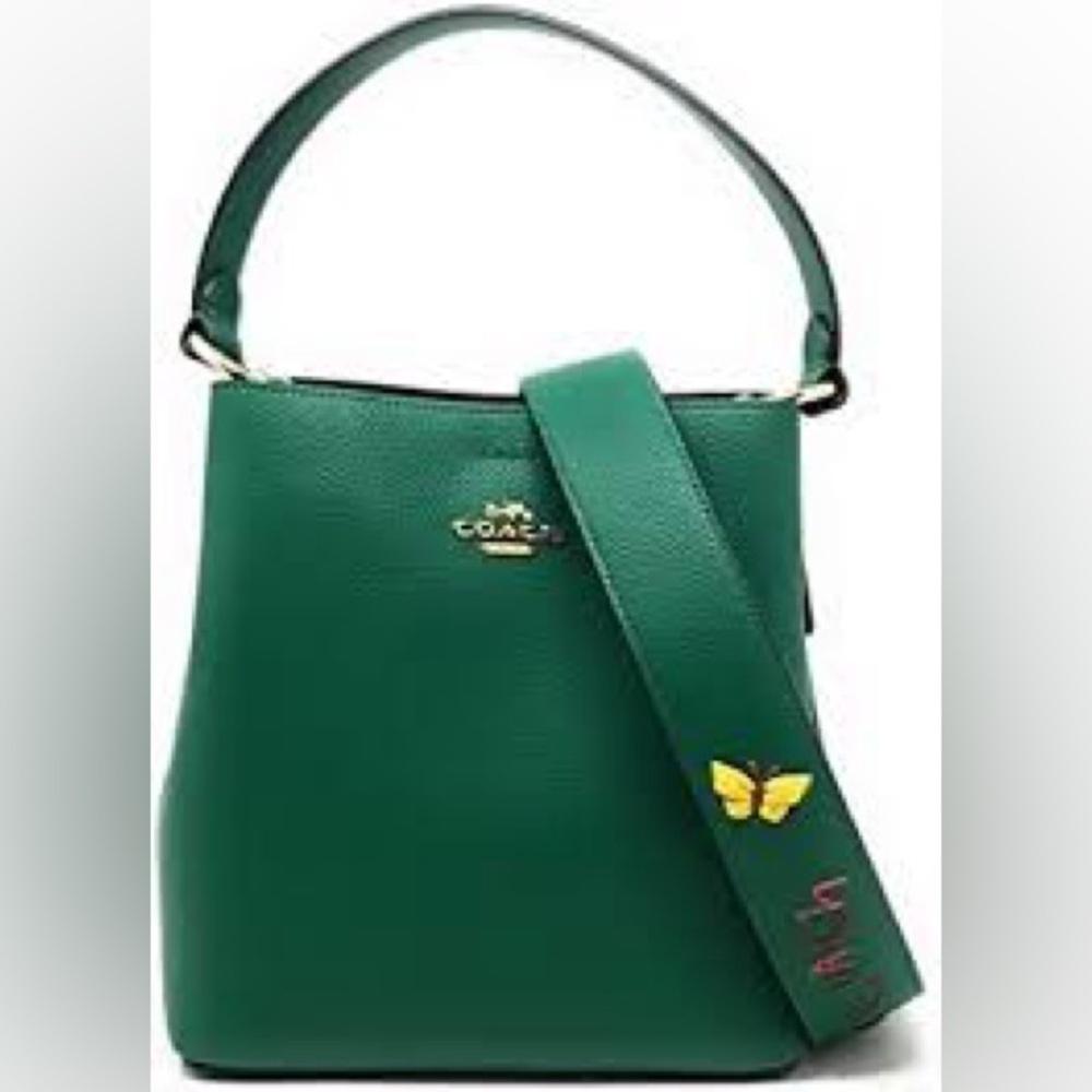 Coach / C8519 Small Town Bucket Emerald Green Multi Embroidered Strap NWOT